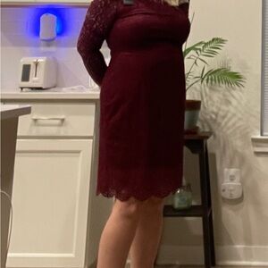 Red Long Sleeve V-Neck Sheath Dress for Wedding Guest